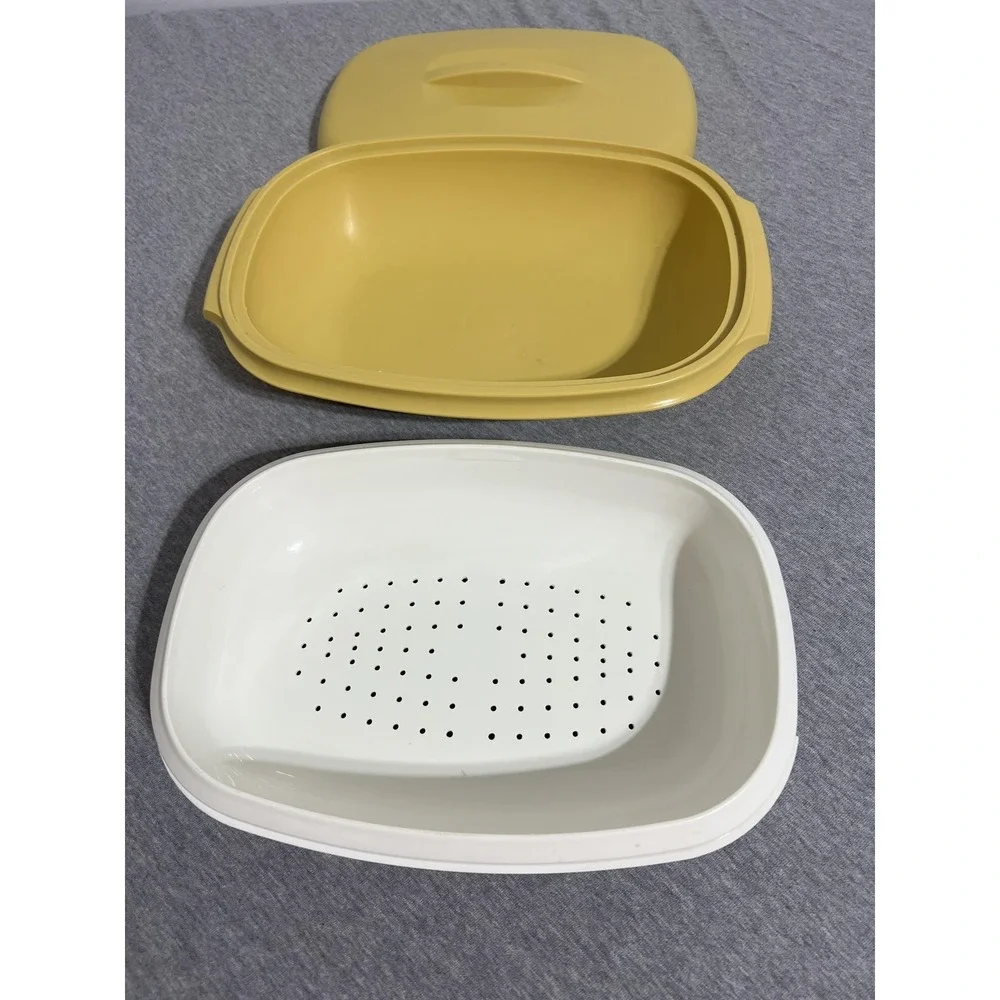Vintage Tupperware Microwave Vegetable Rice Steamer 3 Piece Harvest Gold #1273-6
